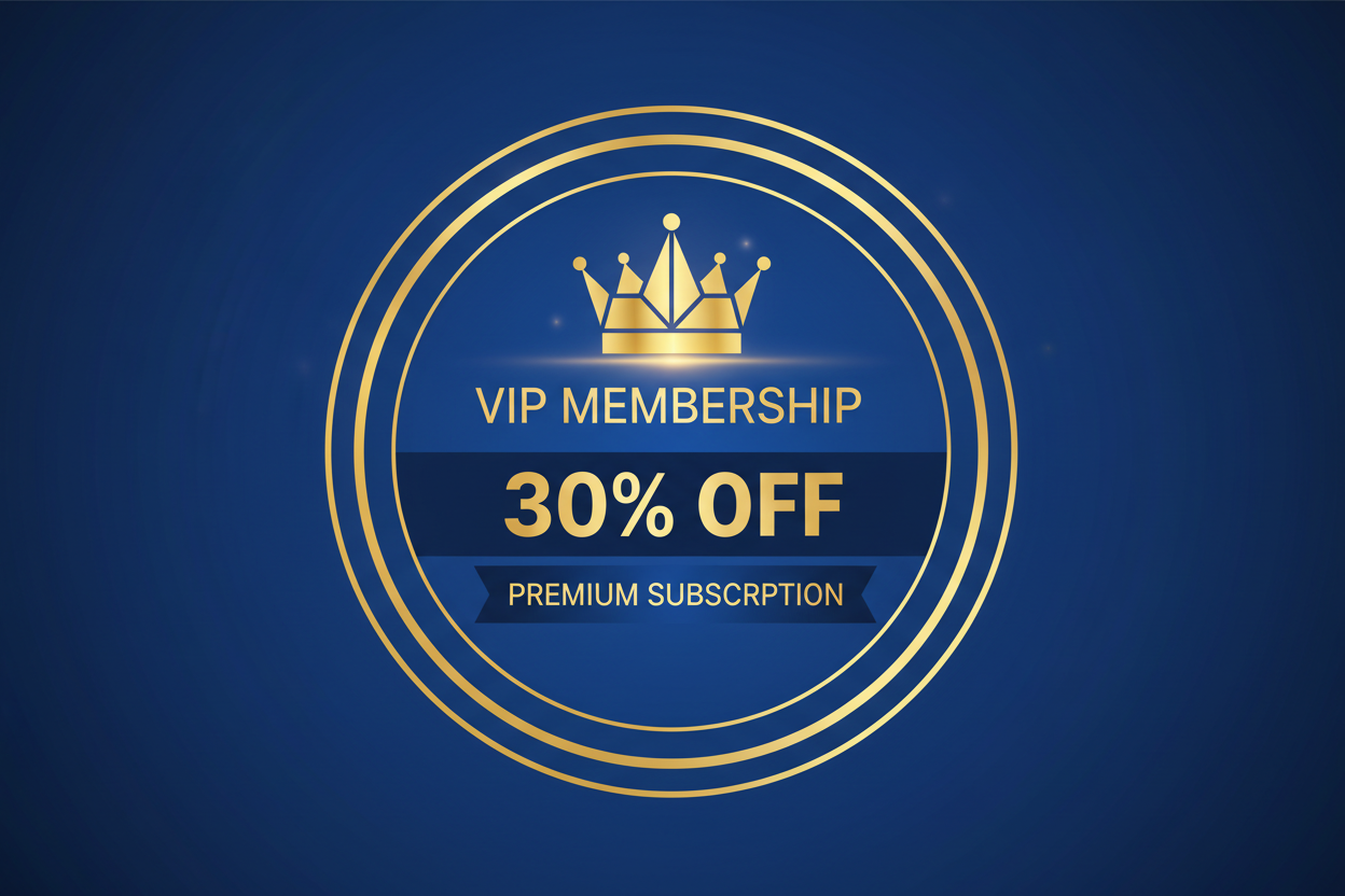 VIP membership badge, gold crown, 30% off text, premium subscription, modern flat design, professional, blue and gold colors