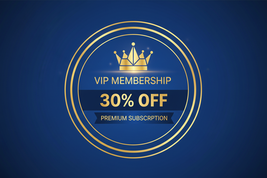 VIP membership badge, gold crown, 30% off text, premium subscription, modern flat design, professional, blue and gold colors